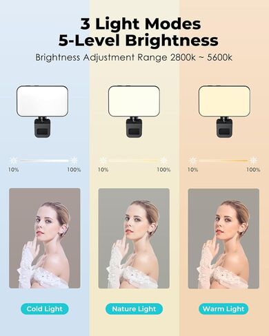 مصباح سيلفي فيوزون لكاميرا الهاتف، مصباح LED بمشبك لمؤتمرات الفيديو، 3 أوضاع إضاءة و5 سطوع، قابل لإعادة الشحن 1000 مللي أمبير في الساعة، محمول، مناسب لأجهزة الكمبيوتر المحمولة/الهواتف/الأجهزة اللوحية/مكالمات تكبير/المكياج in Kuwait