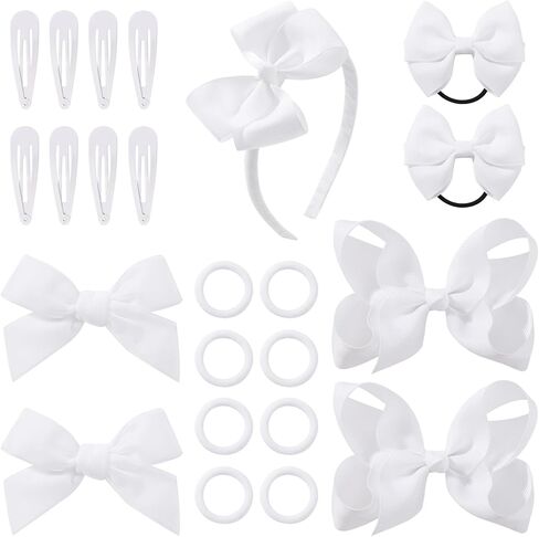 YHXX YLEN Hair Bows For Girls 23 PCS Girls Hair Clips Bow Headband Hair Ties Set Grosgrain Ribbon Uniform Hair Bows Accessories for Little Toddler IKids School Girls-White in Kuwait