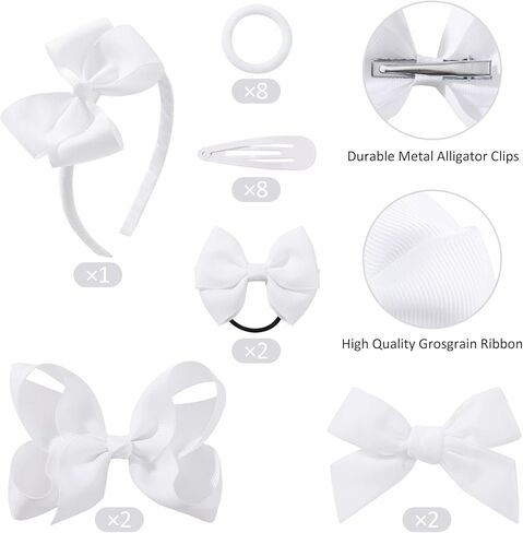 YHXX YLEN Hair Bows For Girls 23 PCS Girls Hair Clips Bow Headband Hair Ties Set Grosgrain Ribbon Uniform Hair Bows Accessories for Little Toddler IKids School Girls-White in Kuwait