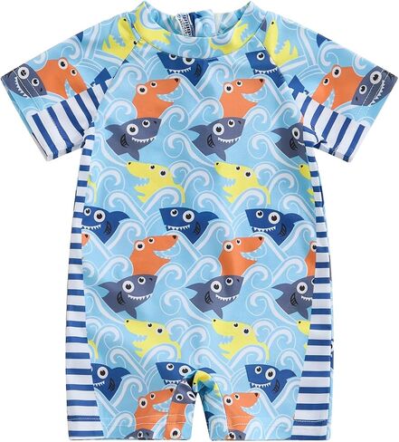 Baby Boy Swimsuit Summer Cartoon Dinosaur/Shark Print Zipper One Piece Rash Guard Toddler Bathing Suit Swimwear in Saudi Arabia