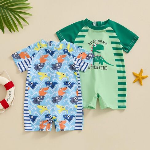 Baby Boy Swimsuit Summer Cartoon Dinosaur/Shark Print Zipper One Piece Rash Guard Toddler Bathing Suit Swimwear in Saudi Arabia