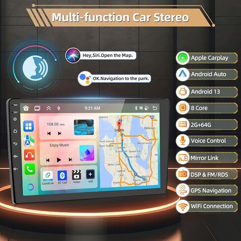 راديو ستيريو للسيارة Podofo 2+64G 8 Core لسيارة Honda Accord 9th 2013 2014 2015 مع CarPlay اللاسلكي Android Auto 10.1 بوصة شاشة تعمل باللمس صوت بلوتوث مع رابط مرآة GPS WiFi EQ RDS Hi-Fi كاميرا احتياطية MIC in Saudi Arabia