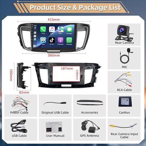 راديو ستيريو للسيارة Podofo 2+64G 8 Core لسيارة Honda Accord 9th 2013 2014 2015 مع CarPlay اللاسلكي Android Auto 10.1 بوصة شاشة تعمل باللمس صوت بلوتوث مع رابط مرآة GPS WiFi EQ RDS Hi-Fi كاميرا احتياطية MIC in Saudi Arabia