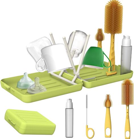 Travel Bottle Brush Travel Bottle Cleaner Kit with Portable Bottle Drying Rack Baby Bottle Brush Straw Cleaning Brush Nipple Brush Soap Dispenser & Organiser Case Baby Travel Essential (Blue) in Saudi Arabia