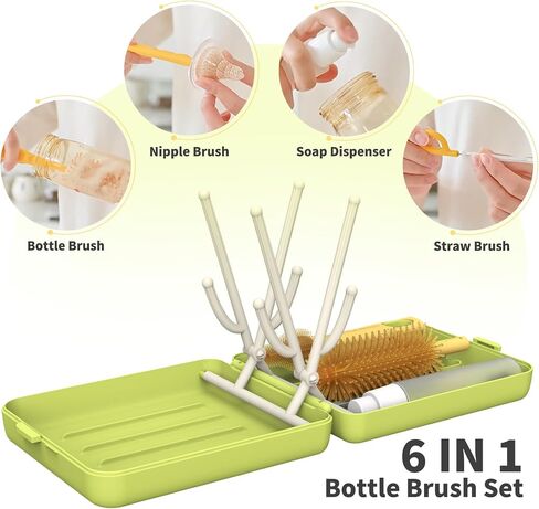 Travel Bottle Brush Travel Bottle Cleaner Kit with Portable Bottle Drying Rack Baby Bottle Brush Straw Cleaning Brush Nipple Brush Soap Dispenser & Organiser Case Baby Travel Essential (Blue) in Saudi Arabia