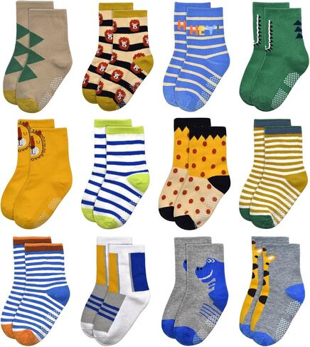 ELUTONG Baby Boys Socks with Grip Non Slip Toddler Socks Anti Skid Crew Socks for 0-7 Years Babies Infants Kids(12 Pairs) in Saudi Arabia