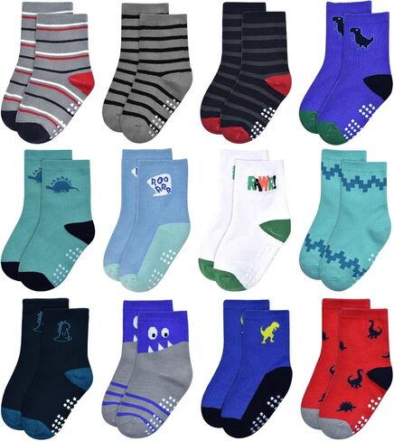 ELUTONG Baby Boys Socks with Grip Non Slip Toddler Socks Anti Skid Crew Socks for 0-7 Years Babies Infants Kids(12 Pairs) in Saudi Arabia
