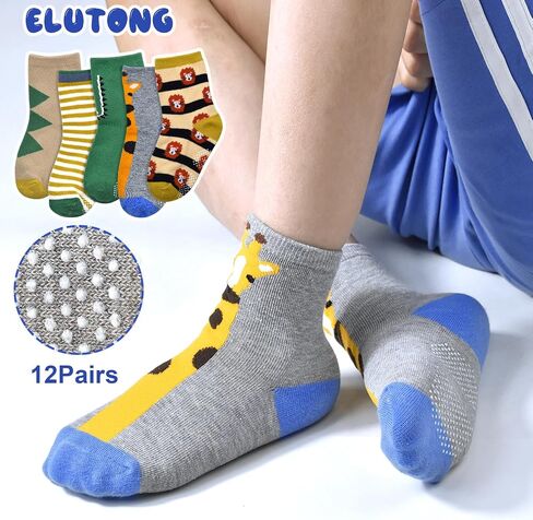 ELUTONG Baby Boys Socks with Grip Non Slip Toddler Socks Anti Skid Crew Socks for 0-7 Years Babies Infants Kids(12 Pairs) in Saudi Arabia