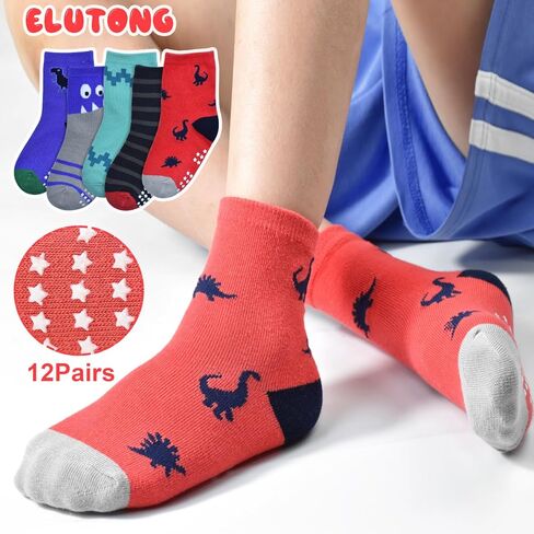 ELUTONG Baby Boys Socks with Grip Non Slip Toddler Socks Anti Skid Crew Socks for 0-7 Years Babies Infants Kids(12 Pairs) in Saudi Arabia