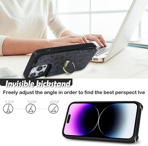 حافظة هاتف كروسبودي لهاتف iPhone 15 Pro مع حزام للنساء، حافظة iPhone 15 Pro مع حامل بطاقة، غطاء محفظة جلد iPhone 15 Pro مع فتحة لبطاقة الائتمان - طباعة جلد الفهد باللون الأسود in Kuwait
