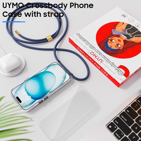 UYMO Crossbody Case for iPhone 15, Crossbody Cover with Neck Cord Strap,Transparent Clear PC TPU Lanyard Case with 2 Tempered Glass Screen Protector,Blue in Saudi Arabia
