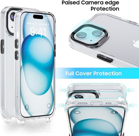 UYMO Crossbody Case for iPhone 15, Crossbody Cover with Neck Cord Strap,Transparent Clear PC TPU Lanyard Case with 2 Tempered Glass Screen Protector,Blue in Saudi Arabia