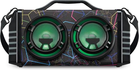 iLive IBB503GEO صندوق بلوتوث محمول مع راديو FM ومدخلين للميكروفون، أضواء LED متغيرة الألوان، حزام حمل، أسود بنمط هندسي in Kuwait