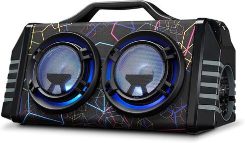 iLive IBB503GEO صندوق بلوتوث محمول مع راديو FM ومدخلين للميكروفون، أضواء LED متغيرة الألوان، حزام حمل، أسود بنمط هندسي in Kuwait