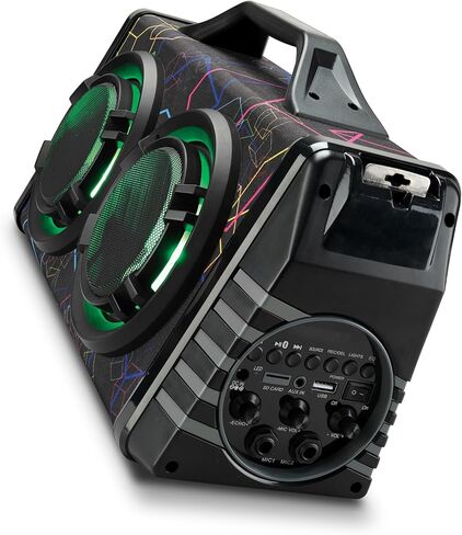 iLive IBB503GEO صندوق بلوتوث محمول مع راديو FM ومدخلين للميكروفون، أضواء LED متغيرة الألوان، حزام حمل، أسود بنمط هندسي in Kuwait