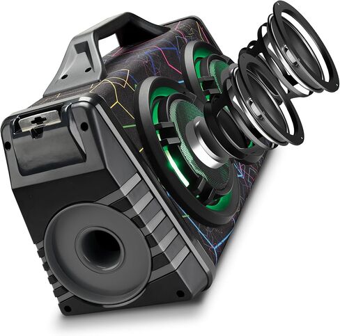 iLive IBB503GEO صندوق بلوتوث محمول مع راديو FM ومدخلين للميكروفون، أضواء LED متغيرة الألوان، حزام حمل، أسود بنمط هندسي in Kuwait