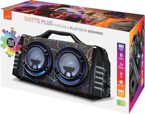 iLive IBB503GEO صندوق بلوتوث محمول مع راديو FM ومدخلين للميكروفون، أضواء LED متغيرة الألوان، حزام حمل، أسود بنمط هندسي in Kuwait