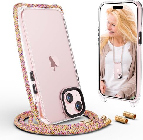 UYMO Crossbody Case for iPhone 15, Crossbody Cover with Neck Cord Strap,Transparent Clear PC TPU Lanyard Case with 2 Tempered Glass Screen Protector,Blue in Saudi Arabia