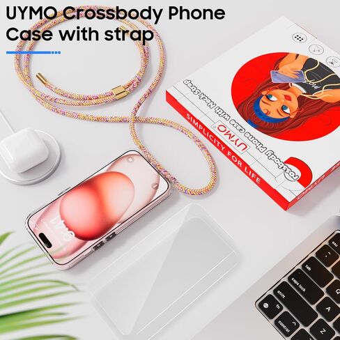 UYMO Crossbody Case for iPhone 15, Crossbody Cover with Neck Cord Strap,Transparent Clear PC TPU Lanyard Case with 2 Tempered Glass Screen Protector,Blue in Saudi Arabia