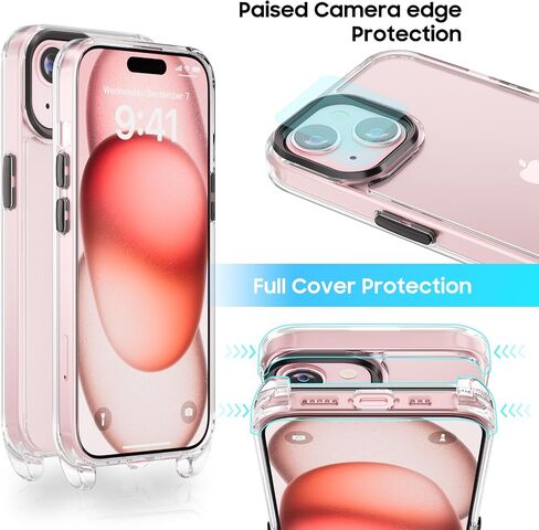 UYMO Crossbody Case for iPhone 15, Crossbody Cover with Neck Cord Strap,Transparent Clear PC TPU Lanyard Case with 2 Tempered Glass Screen Protector,Blue in Saudi Arabia