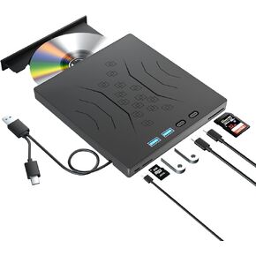 7 in 1 External DVD Drive, External CD/DVD Drive for Laptop USB 3.0 & Type-C, Portable CD/DVD +/-RW Disk Drive, CD/DVD Burner CD ROM External Drive for Laptop Desktop PC Windows 7/8/10/XP Mac Linux