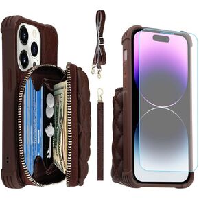 MONASAY Zipper Wallet Case Fit for iPhone 14 Pro, 6.1in [Glass Screen Protector ][RFID Blocking] Flip Leather Handbag Phone Cover with Card Holder&Detachable Crossbody Lanyard Strap, Brown