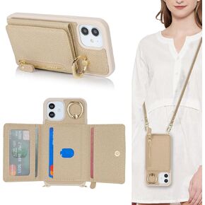 for iPhone 12 Mini Case with Card Holder,Phone Case for iPhone 12 Mini Case with Strap Crossbody Lanyard Stand Ring,iPhone 12 Mini Wallet Case for Women,Leather Zipper Pocket Case-Beige