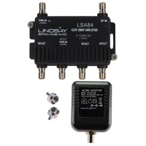 4-Port Cable TV/Antenna/HDTV/Internet Digital Signal Amplifier/Booster/Splitter with Passive Return, F59 Terminators (Lindsay LSA84)