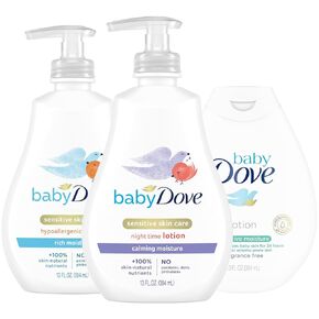 Dove Baby Lotion Bundle – Sensitive Skin Care Hypoallergenic Lotion, Nourishing & Hydrating Baby Lotion for Newborn, Rich Moisture, Calming Moisture & Fragrance Free Moisture, 13 Oz (3 Piece Set)