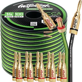 14 AWG Gauge Speaker Wire Cable (CCA) Stereo, 12 Banana Plugs, 100 Feet