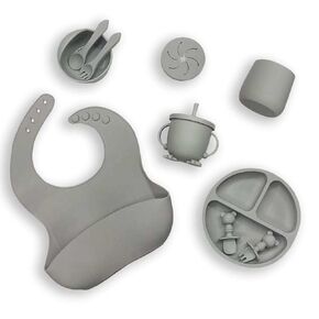 Baby Dinnerware Set, Toddler Plates & Bowls | Baby Feeding Essentials Including Bib, Plate, Bowl, Cups & Utensils | Food-Safe Silicone Material & Dishwasher Safe (Military Green)