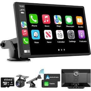 Portable Apple Carplay Screen for Car, 9" Wireless Apple Carplay Touchscreen with 4K Dash Cam, Android Auto Car Stereo, Car Audio Receivers with 1080p Backup Camera, GPS, Bluetooth, FM, Siri