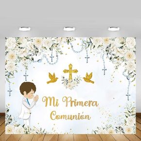 MEHOFOND Floral Mi Primera Comunión Baptism Backdrop for Girl First Holy Communion Banner God Bless Christening Mi Bautizo Party Photography Background Banner Sign Photo Booth Props 7x5ft