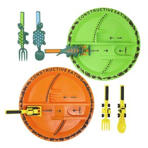 Constructive Eating Made in USA Construction and Dinosaur Combo with 2 Utensil Sets and 2 Plates for Toddlers, Infants, Babies and Kids - Made With Materials Tested for Safety
