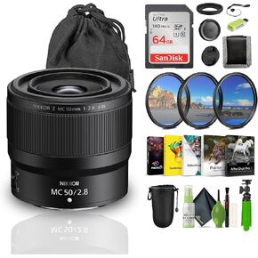Nikon NIKKOR Z MC 50mm f/2.8 Compact Macro Lens + Memory Card Wallet + Ultra 64GB Memory Card + Card Reader + UV Lens Filter + 12 Inch Flex Tripod + Photo Editing Software + Lens Cap + More