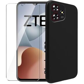 Case for ZTE Blade V50 Smart + Glass Screen Protector Tempered Film - Transparent Silicone Soft Flexible Bumper Shockproof TPU Protective Cover Shell for ZTE Blade V50 Smart (Black)