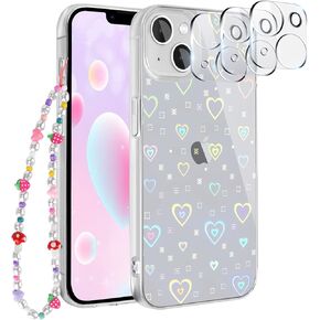 for 15 Pro Case [5 in 1] Clear Laser Glitter Heart Pattern Phone Case + 3* Camera Lens Protector + Lucky Chain for Women Girls Cute Bling Protective Case for 15 Pro
