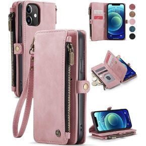 Defencase for iPhone 12 Case, for iPhone 12 Pro Case Wallet for Women Men, Durable PU Leather Magnetic Flip Strap Wristlet Zipper Card Holder Wallet Phone Case for iPhone 12/12 Pro 6.1, Rose Pink