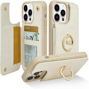 CUSTYPE for iPhone 14 Pro Phone Wallet Case with Card Holder,Ring Holder Kickstand Card Slots,Flip Leather Case Women and Men for iPhone 14 Pro 6.1"-Beige