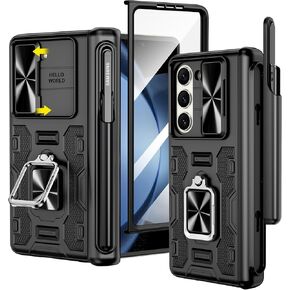 VEGO for Galaxy Z Fold 5 Case with S Pen Holder, [Hinge Protection][360°Ring Magnetic Kickstand][Slide Camera Cover][Front Screen Protector] Protective Case for Samsung Z Fold 5 5G - Midnight Black