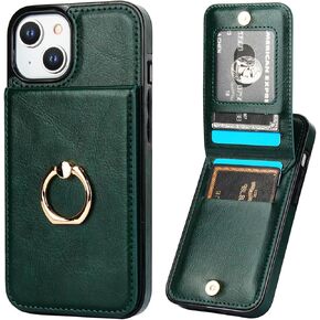KIHUWEY for iPhone 13/14 Case Wallet with Credit Card Holder, 360° Rotation Ring PU Leather Magnetic Clasp Kickstand Heavy Duty Protective Cover for Women and Men 6.1 Inch (Purple)