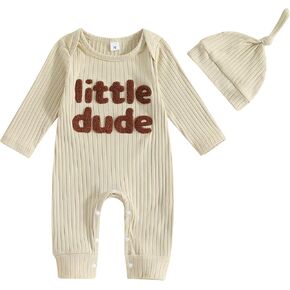 ZAXARRA Newborn Coming Home Baby Boy Outfits Little Dude Letter Print One Piece Rompers Long Sleeve Waffle Knit Fall Clothes