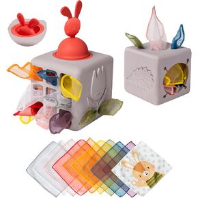 Taf Toys Baby Tissue Box Montessori Toys for Babies - Sensory & Motor Skills Development Silicone Toy with 10 Fabric Tissues, Pop-Up Bunny, Toys for 1 Year Old Boy Girl Preschool Toy