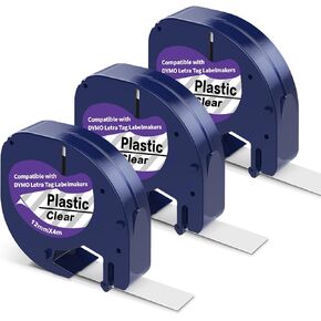 3 Pack Tape Compatible with DYMO Label Maker Refills Clear Transparent Label Tape 12267, 12mm 0.47Inch Plastic Tape Replacement for DYMO Letratag Refills, Work for LT-100T LT-100H QX50 XR