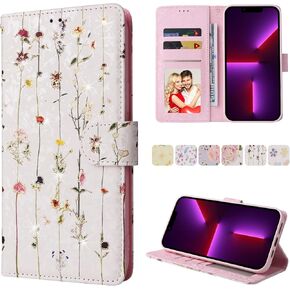 UEEBAI Wallet Case for iPhone 13 6.1 inch, PU Leather Phone Case Kickstand RFID Blocking Flip Case with Card Slots Wrist Strap Relief Engraved Pattern Magnetic Closure Folio Case - Black Rose