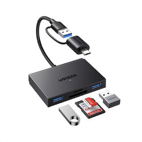 قارئ بطاقات الذاكرة UGREEN، قارئ بطاقات SD 4 في 1 USB C USB 3.0 محول OTG مزدوج الموصل لأجهزة الكمبيوتر المحمول التي تعمل بنظام Android متوافق مع 170 ميجابايت/ثانية SD/Micro SD وiPhone 15 وiPad Pro وMacBook Pro/Air