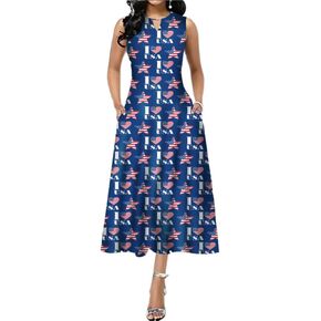Women's Casual Sleeveless Long Dress 4th of July Dress Independence Day Printed Sundress