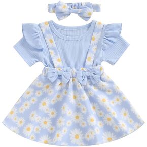 Toddler Baby Girl Daisy Dress Ribbed Ruffles Short Sleeve Twirl Dresses with Headband Little Girls Summer Outfits