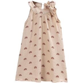 Toddler Baby Girl Cotton Linen Dress Sleeveless Bowknot Rainbow A-Line Dresses Kid Casual Beach Sundress