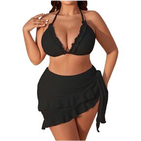 SHENHE Women's Plus Size 3 Pieces Swimsuit High Waisted Halter Triangle Bikini Set with Ruffle Wrap Skirt